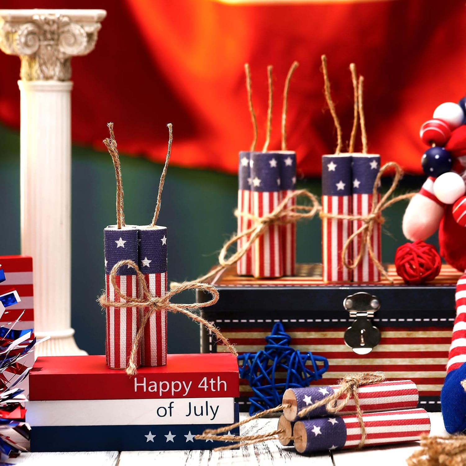 Maitys 12 Pcs Firecracker Decorations 4th of July Tiered Tray Decor Wooden Patriotic Table Decor Independence Day 250th Anniversary Firework Signs Red White Blue Centerpieces for Home Table Top Office