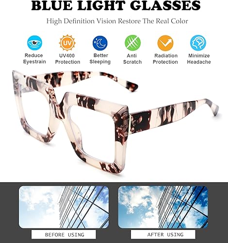 Miniatura 5 de NULOOQ Gafas de luz azul para mujer, elegantes gafas cuadradas gruesas de gran tamaño, sin receta