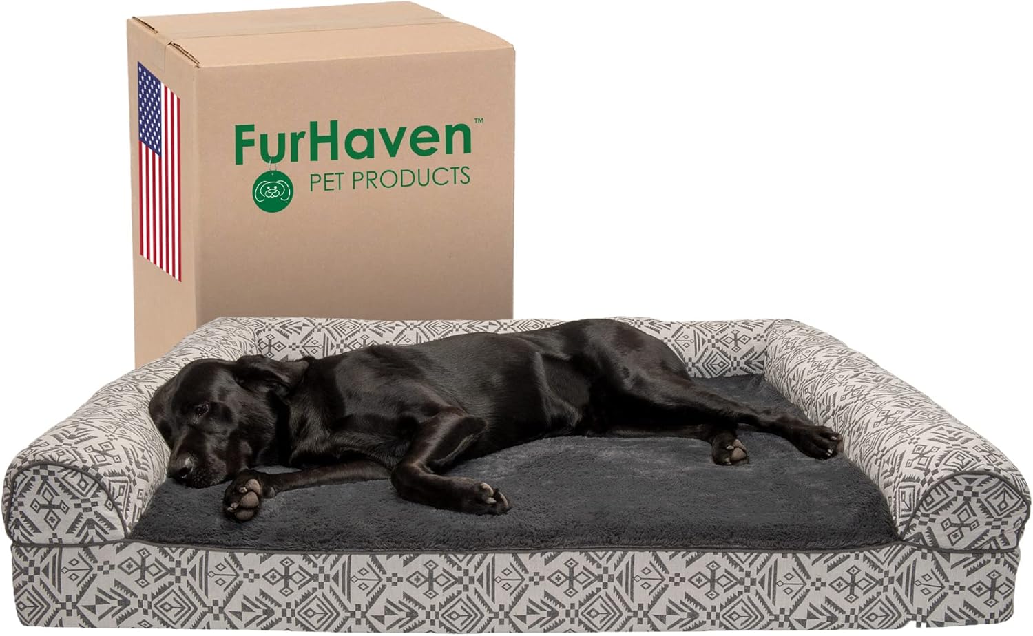 Furhaven Orthopedic Dog Bed for Large Dogs w/ Removable Bolsters & Washable Cover, For Dogs Up to 125 lbs - Plush & Southwest Kilim Woven Decor Sofa - Boulder Gray, Jumbo Plus/XXL