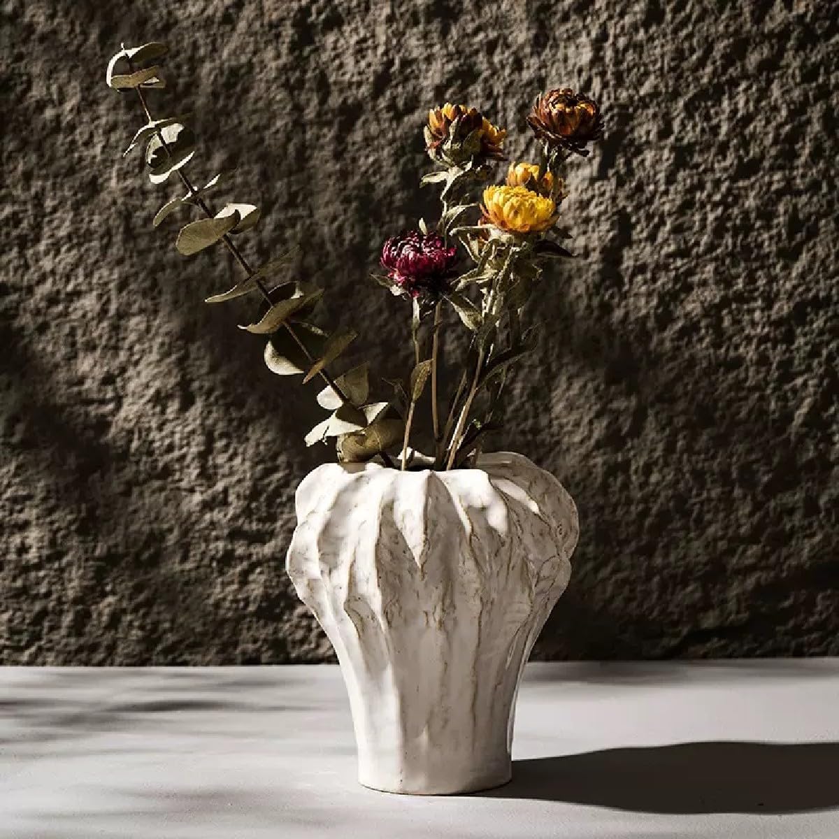 Ceramic Flower Vase 5.43Inch Off-White Vintage Textured Vase Wabi Sabi Decor for Modern Farmhouse with Gift Box for Home,Living Room,Shelf,Tabletop,Office(M)