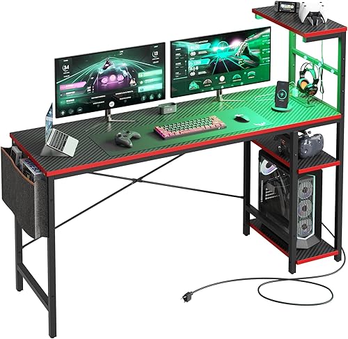 Miniatura 8 de Bestier Escritorio para juegos con tomas de corriente, escritorio LED grande de 61 pulgadas con estantes reversibles de 4 niveles, mesa de juegos de