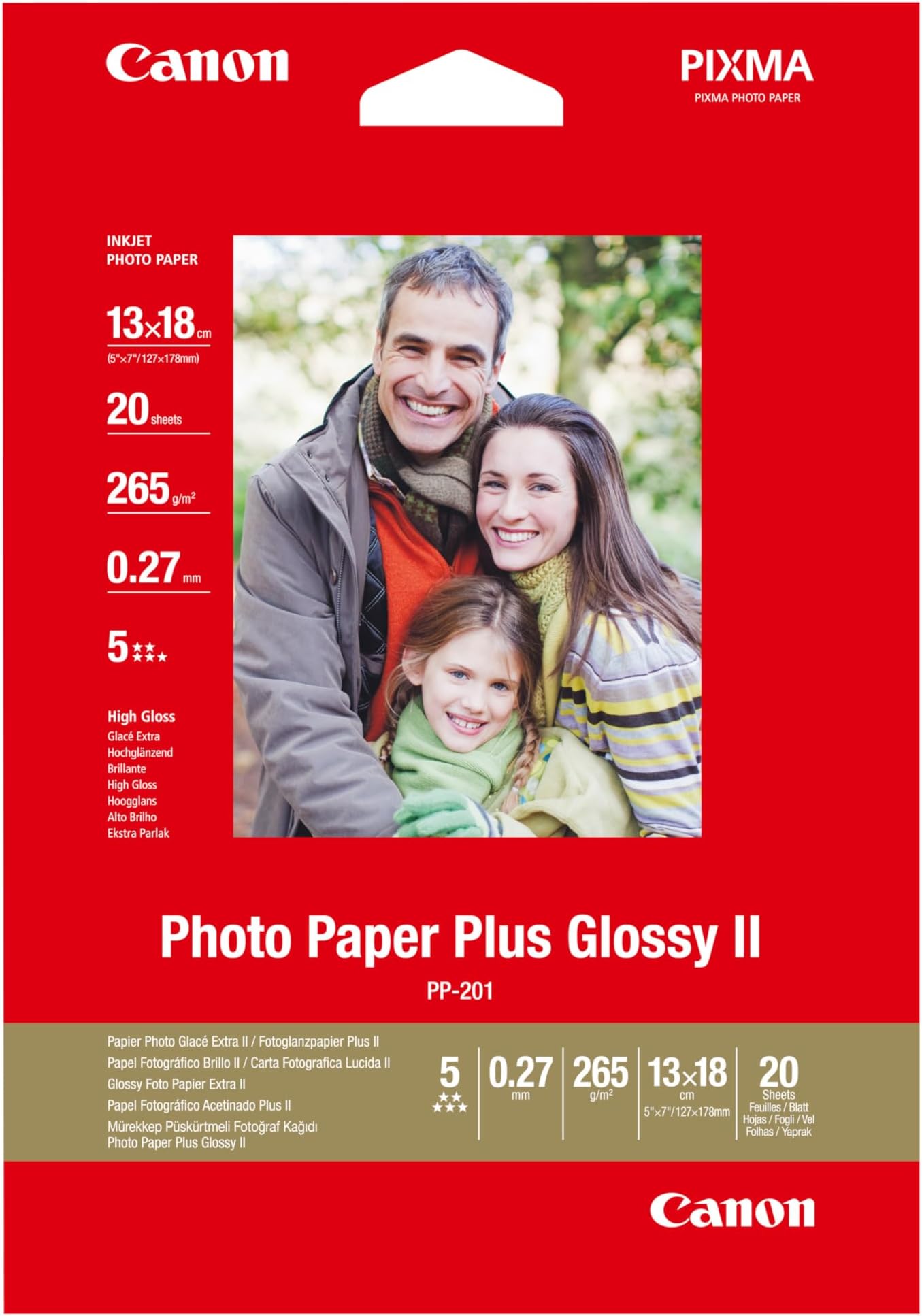 Canon PP-201 Glossy II Photo Paper Plus 5x7 (20 Sheets) - Ideal for Photo Printing, 5x7, 13x18cm - Durable Prints, Instant Touch-Dry - Compatible with Canon Inket Printers