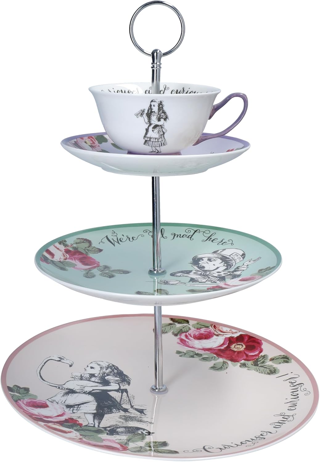 Mikasa and the V&A 3-Tier Cake Stand, Afternoon Tea Stand with Teacup, Alice in Wonderland Teaware, Bone China, Dishwasher Safe & Gift Boxed