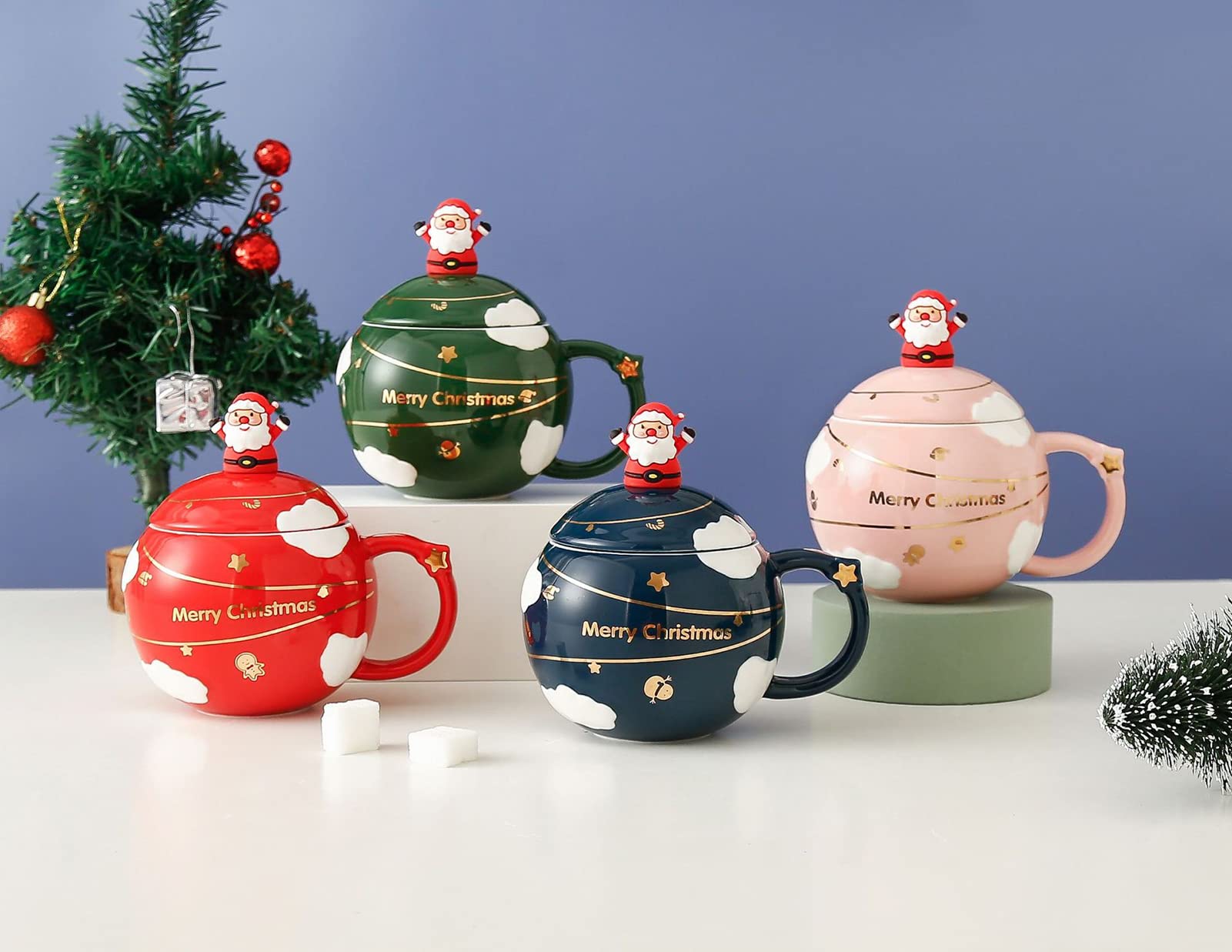 Kubek ceramiczny świąteczny 400 ml Zestaw filiżanek do kawy i mokki Filiżanki spodki espresso z porcelany(Red)