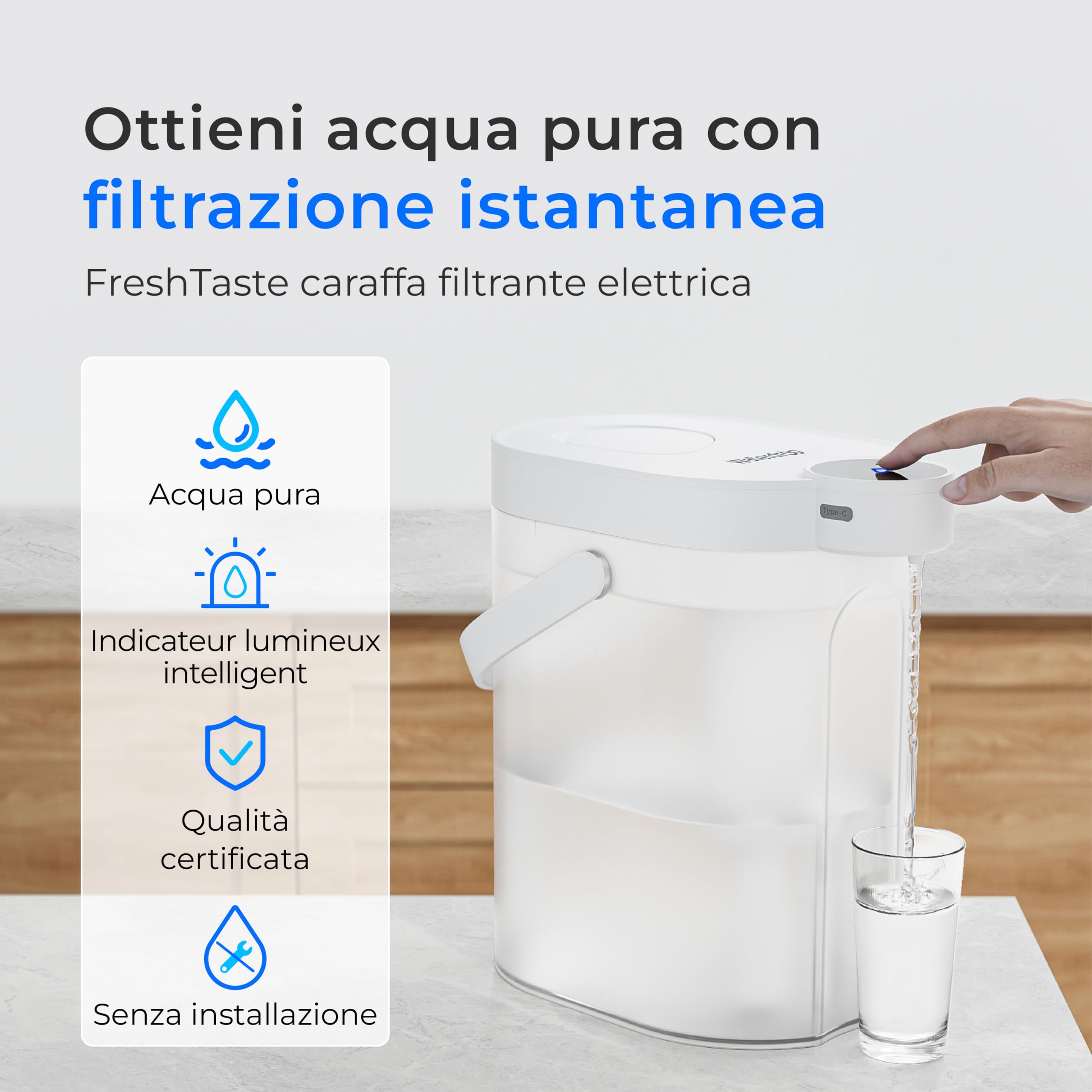 Waterdrop FreshTaste 𝐀𝐝𝐝𝐨𝐥𝐜𝐢𝐭𝐨𝐫𝐞 𝐃'𝐀𝐜𝐪𝐮𝐚 Caraffa Filtrante Elettrica L'Acqua, Dispenser Filtrante L'Acqua 4L per Frigorifero, Riduce Calcare, Cloro, Purifica, Bianco (Filtro: WD-EWFS)