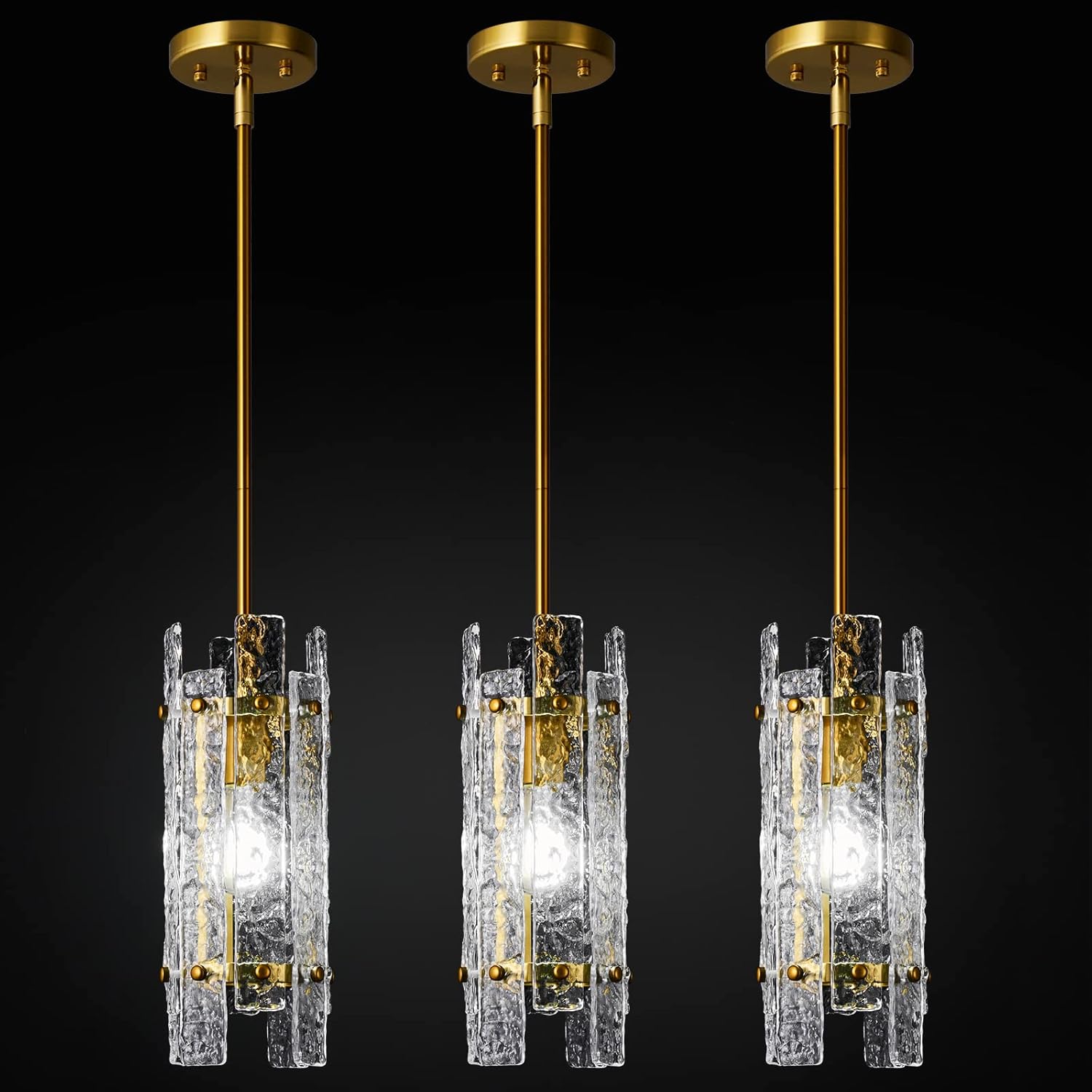Modern Crystal Pendant Lighting Gold Pendant Lights Mini Glass Chandeliers, Adjustable Pendant Light Fixture for Kitchen Island Bedroom Living Room Dining Room Corridor(3Pack) Gold 5.3in-3Pack