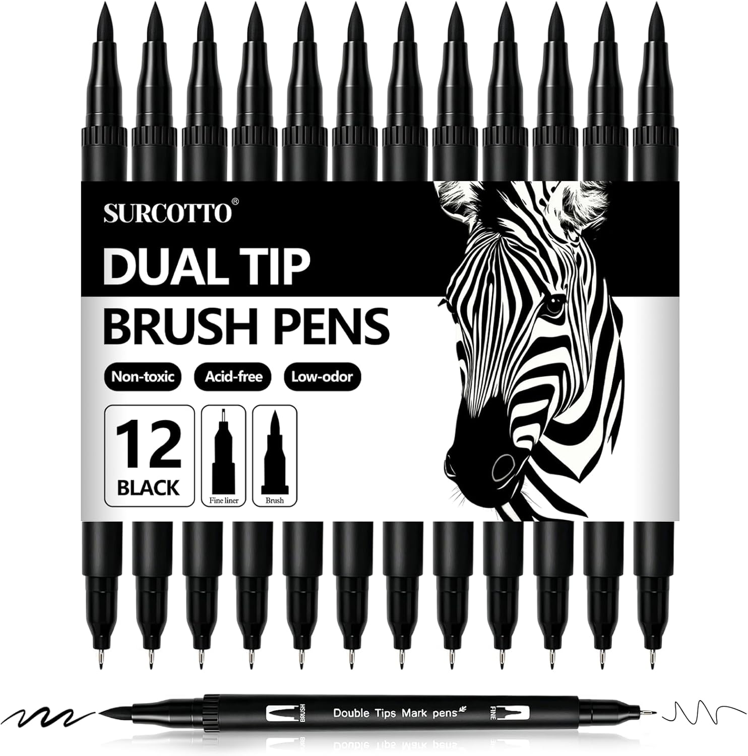 Surcotto Black Markers for Drawing,12 Pack Drawing Pens, Brush Pens with Felt Tips for Artists, Dual Tip Brush Fineliners Pens, Calligraphy Pens, for Art Drawing Sketching Journaling, Black