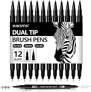  Black Markers for Drawing,12 Pack Drawing Pens, Brush Pens with Felt Tips for Artists, Dual Tip Brush Fineliners Pens, Calligraphy Pens, for Art Drawing Sketching Journaling, Black