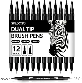Surcotto Black Markers for Drawing,12 Pack Drawing Pens, Brush Pens with Felt Tips for Artists, Dual Tip Brush Fineliners Pens, Calligraphy Pens, for Art Drawing Sketching Journaling, Black
