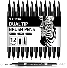 Surcotto Dual Brush Pen Set, 12 Stück Filzstifte Schwarz,Filzstifte Dicke und Dünne, Pinselstifte set, Stifte für Bullet journal, Kalligraphie, Manga, Skizzen, Malbücher und Handlettering