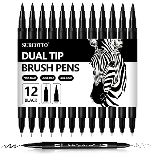 Surcotto Dual Brush Pen, 12 Feutres Noirs épais et fins,Double Pinceau Noir pour bullet journal, calligraphie, manga, croquis, livres de coloriage et lettrage à la main