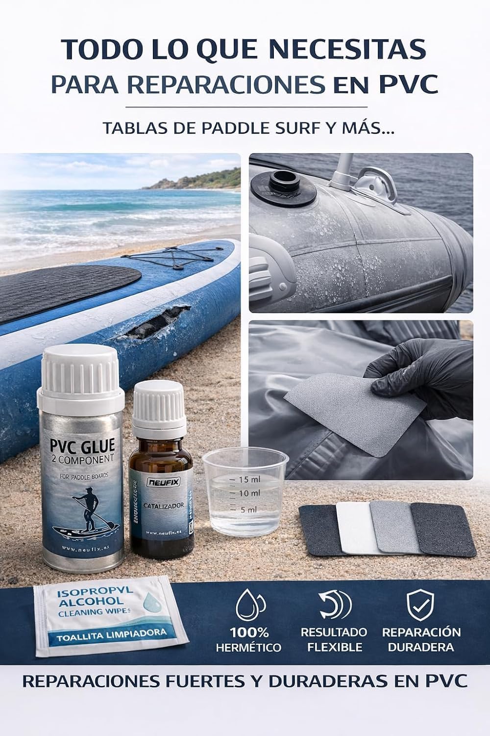 Kit Riparazione PVC Professionale – Colla PVC Bicomponente per Gommoni, SUP, Kayak e Gonfiabili – Include Toppe, Pennello, Bicchiere, Guanti e Salvietta