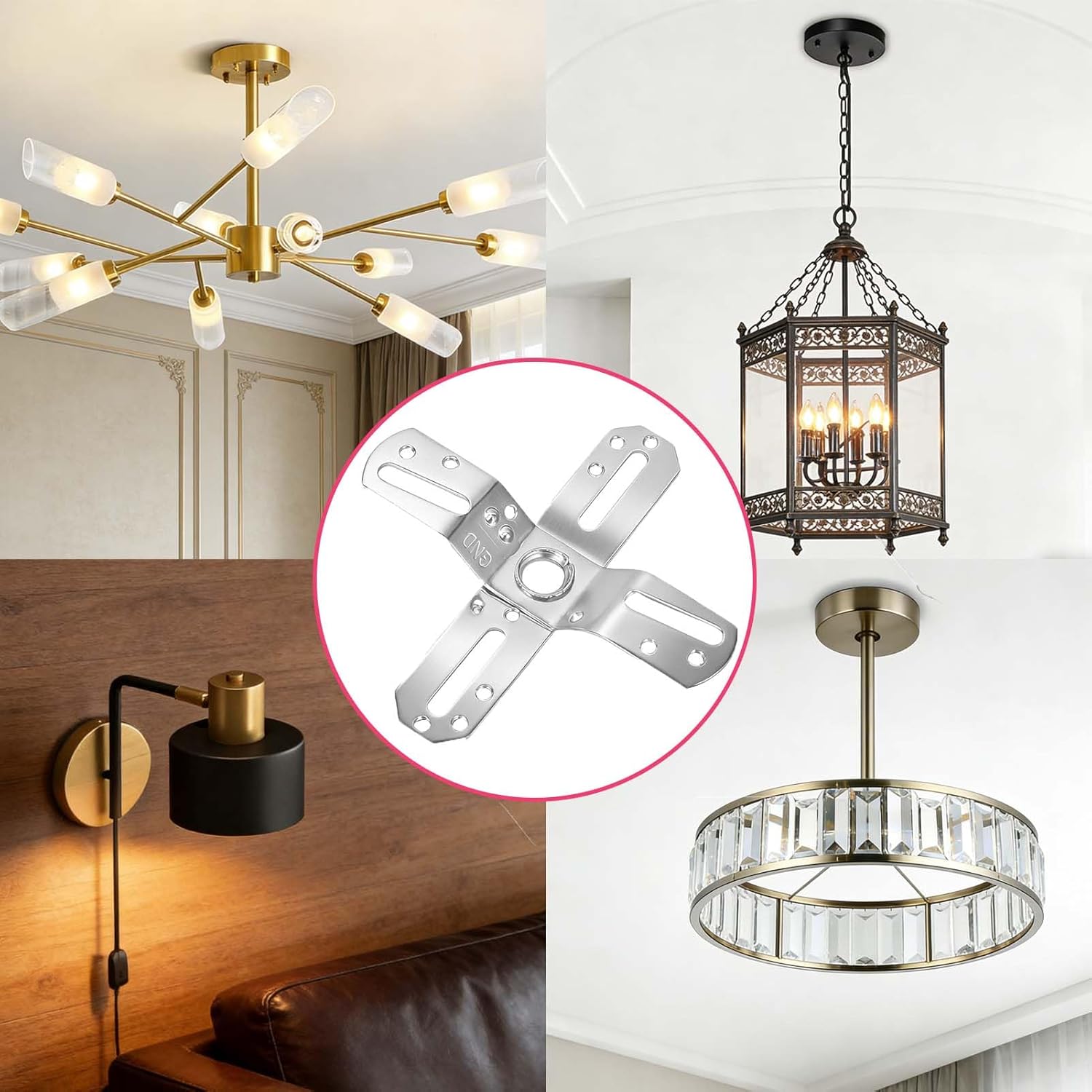 KC&KST 4Pack Light Fixture Mounting Brackets, Adjustable Mounting Plates for 4" Junction Box, Crossbar Set for Wall Light, Ceiling Light, Chandelier, Pendant (Style 2-Silver-4PC)