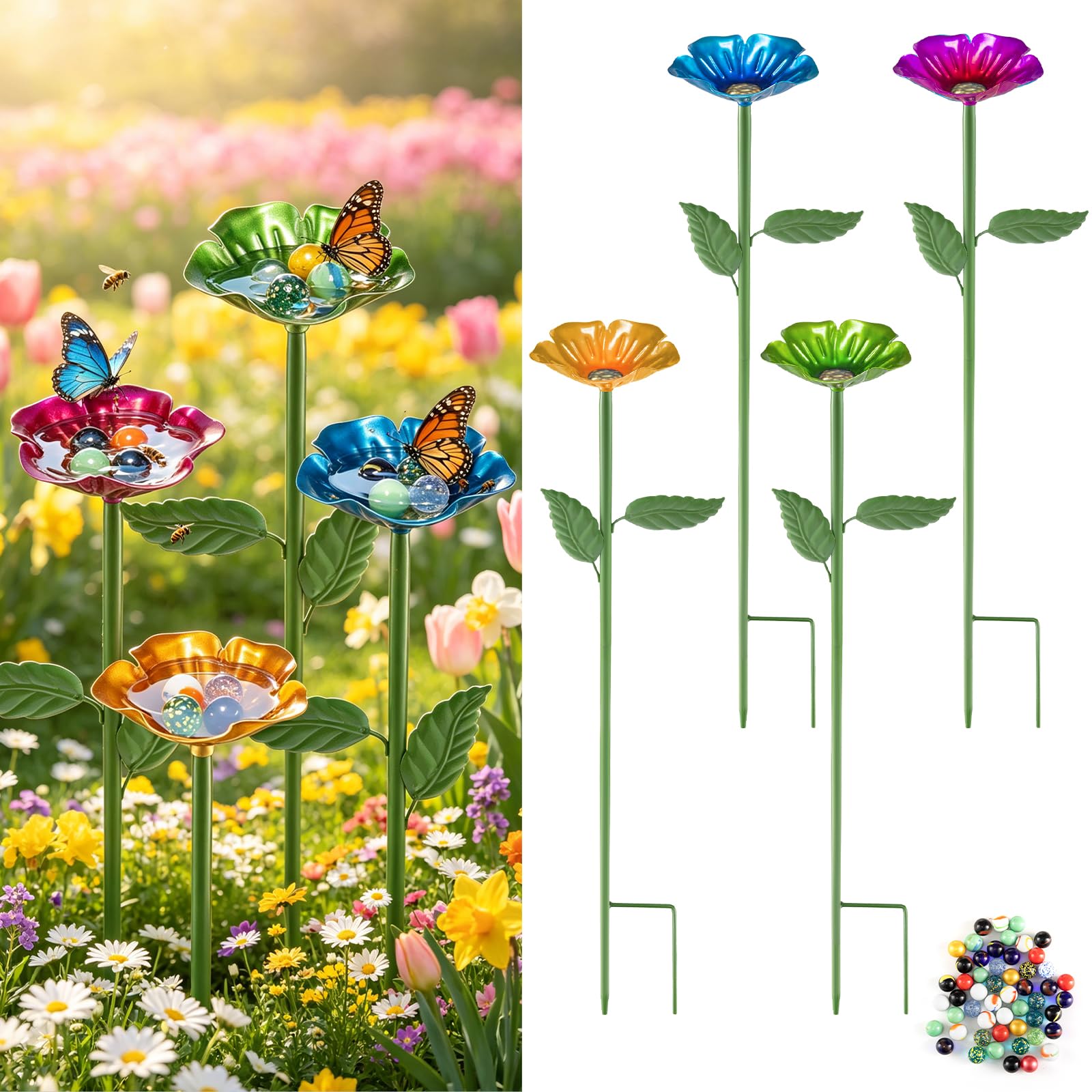 4 Pack Bee Watering Station, Butterfly Feeder, Bee Baths with 50 Glass Marbles, Bee Cups Water for Bees Garden, Outdoor Colorful Flower Design