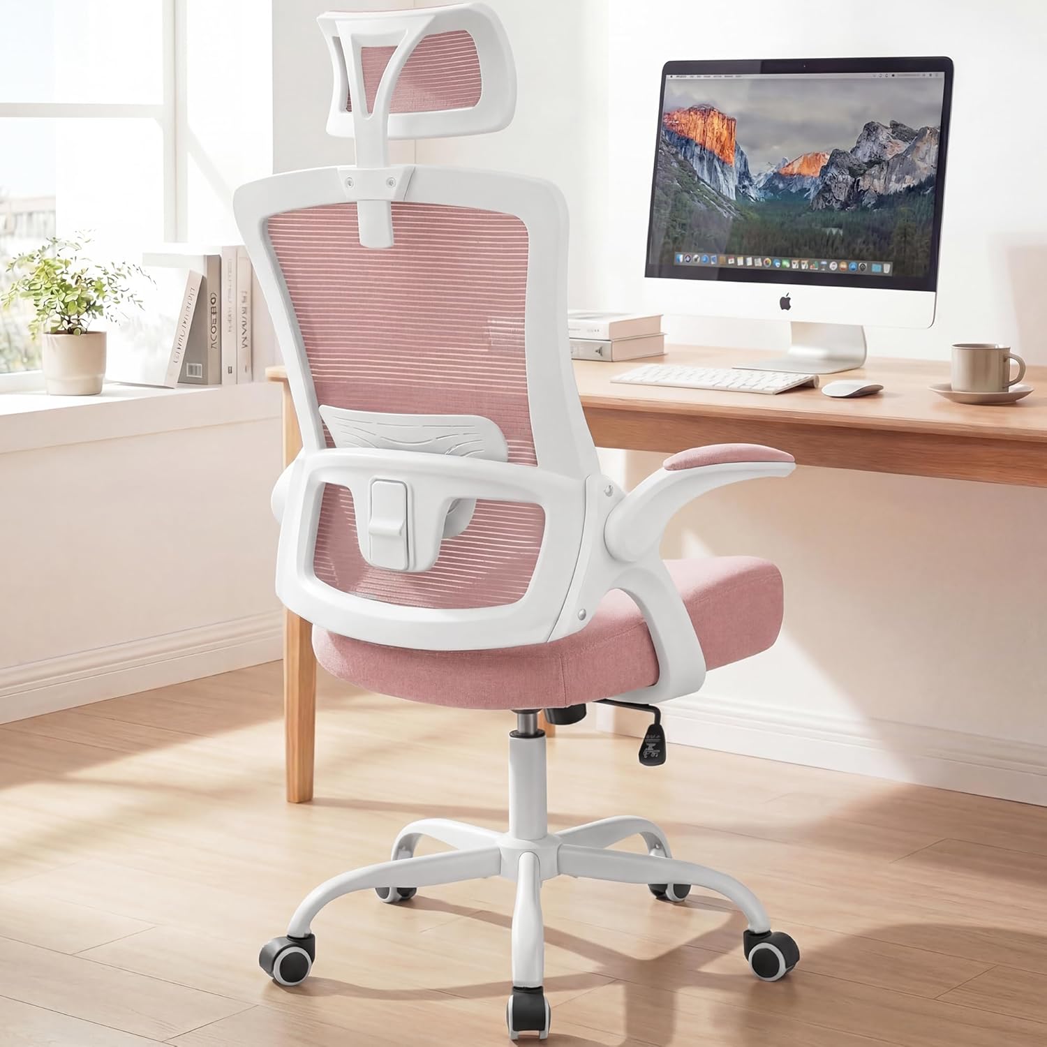NEO CHAIR Office Chair High Back Desk Mesh Chair Comfy Computer Gaming Seat with Adjustable Ergonomic Headrest Lumbar Rolling Flip-up Armrests and Wheels (Pink)