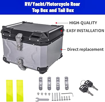 55L Motorcycle Top Case, Aluminum/RV/Yacht/Motorcycle Rear Top Box and Tail Box for Luggage/Helmet/Tools storage Waterproof Silver