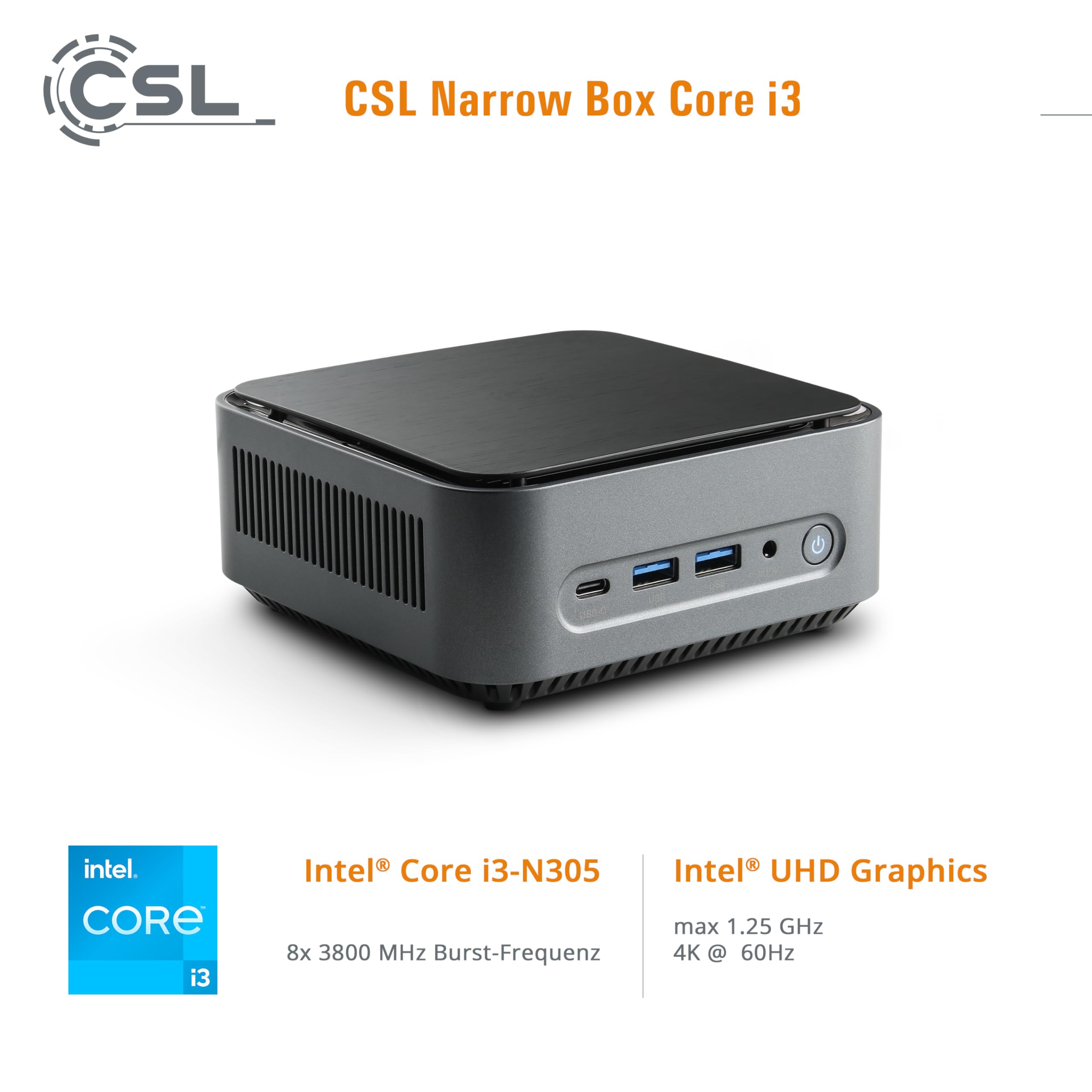 Mini PC CSL Narrow Box Core i3 Windows 11 Pro, Intel Core i3-N305 8X 3800MHz Turbo Clock, 2000GB M.2 SSD, 32GB DDR4-RAM, Intel UHD Graphics, HDMI 2, USB 3.2, BT 5.2, DisplayPort, Dual WLAN