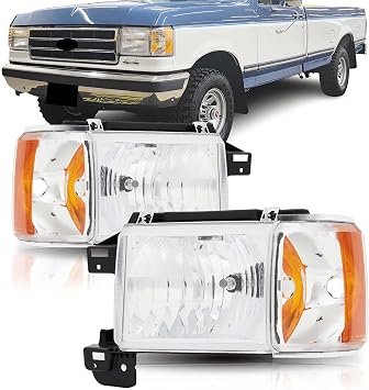 Headlights Assembly Compatible with 1987-1991 Ford F150 F250 F350 Bronco W/O Trim Halogen Head Lamps Chrome Housing Amber Reflector, Replacement for E9TZ13008D E9TZ13008C