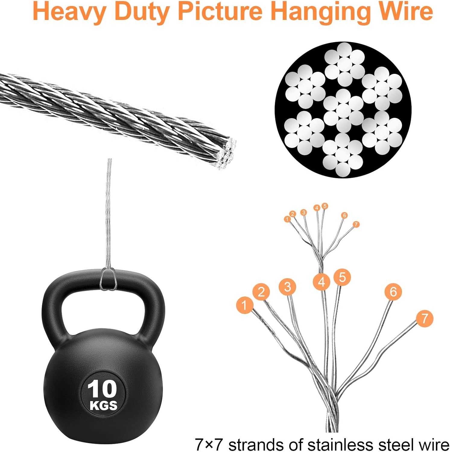 Yeestone Picture Hanging Kit - 10m Heavy Duty Wire, 15 D Rings, 15 Screws, 20 Crimp Tubes, Grey|black|yellow - Image 3