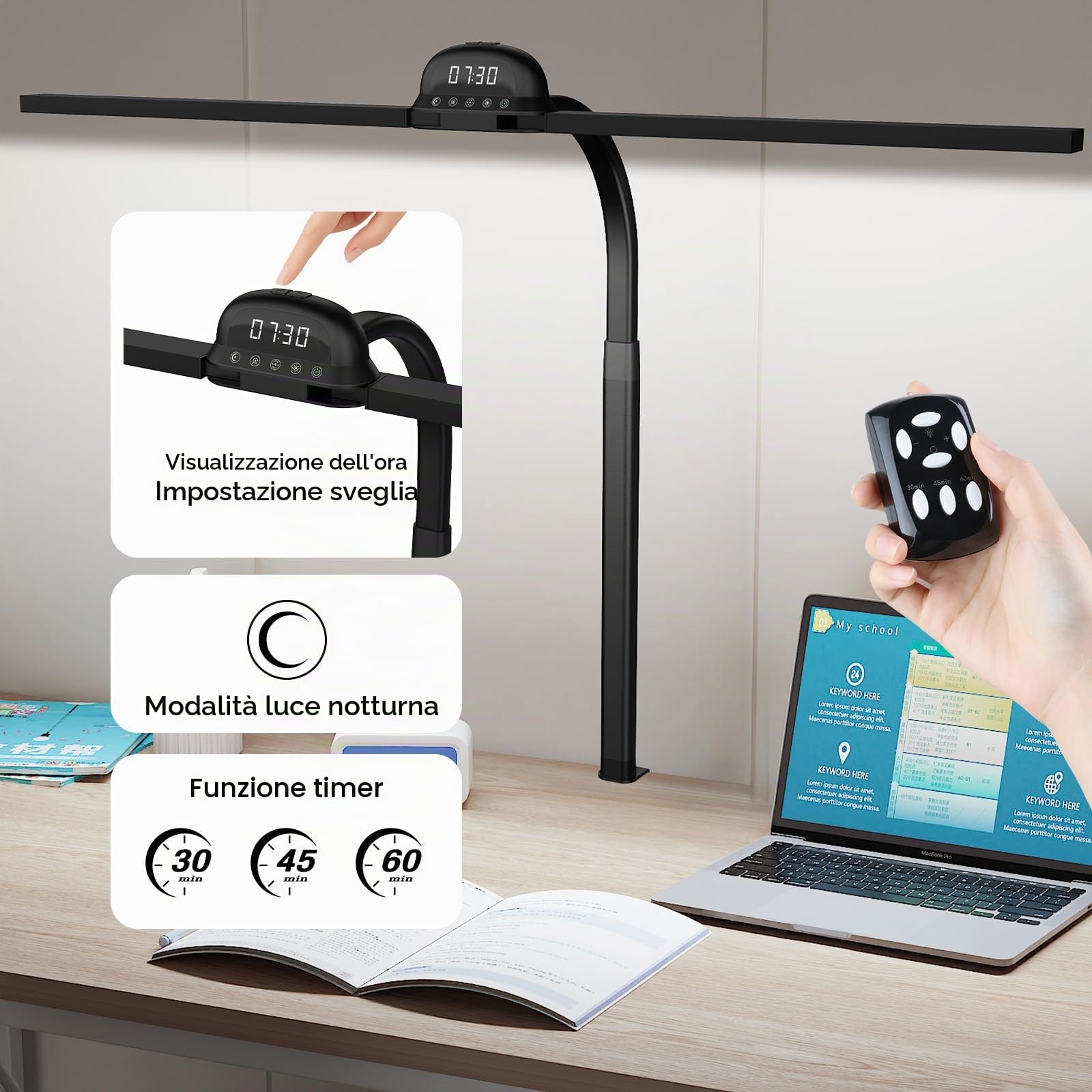 Lampada da tavolo LED da scrivania con morsetto, 90 cm, CRI≥95, 3100 K-7600 K, regolabile, luce diurna, doppia testa, lampada da scrivania, lampada da lettura, monitor con telecomando