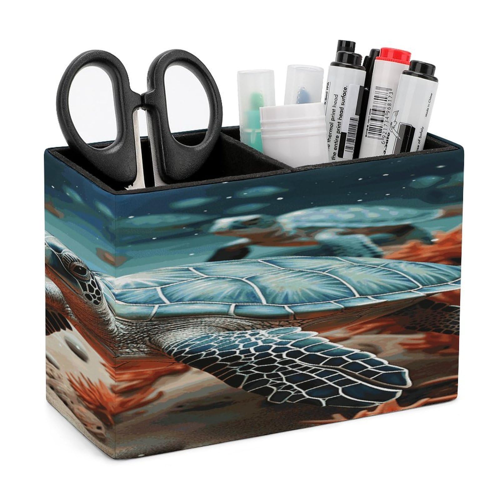 VstaDank Turtle Starfish Pencil Holder for Desk(Double Slots) Fashion Leather Pencil Cup Simple Rectangular Shape Pen Holder Multi-Functional Pen Cup for Home Office Supplies Storage