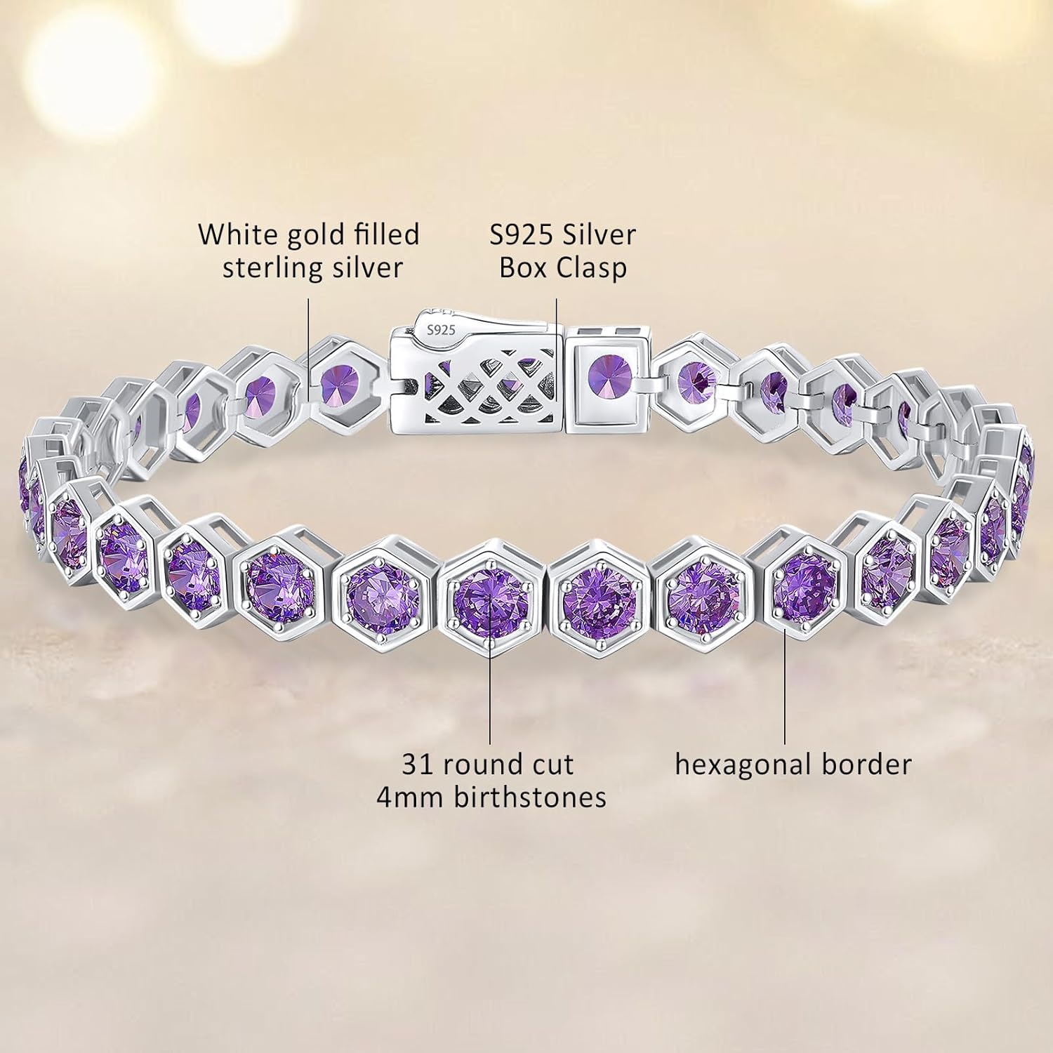 Birthstone Tennis Bracelets for Women Birthday Gifts 925 Sterling Silver Hexagon White Gold Bracelets Round Cut 5A Cubic Zirconia Prong Setting 7 Inch Anniversary Jewelry Gift - Image 3