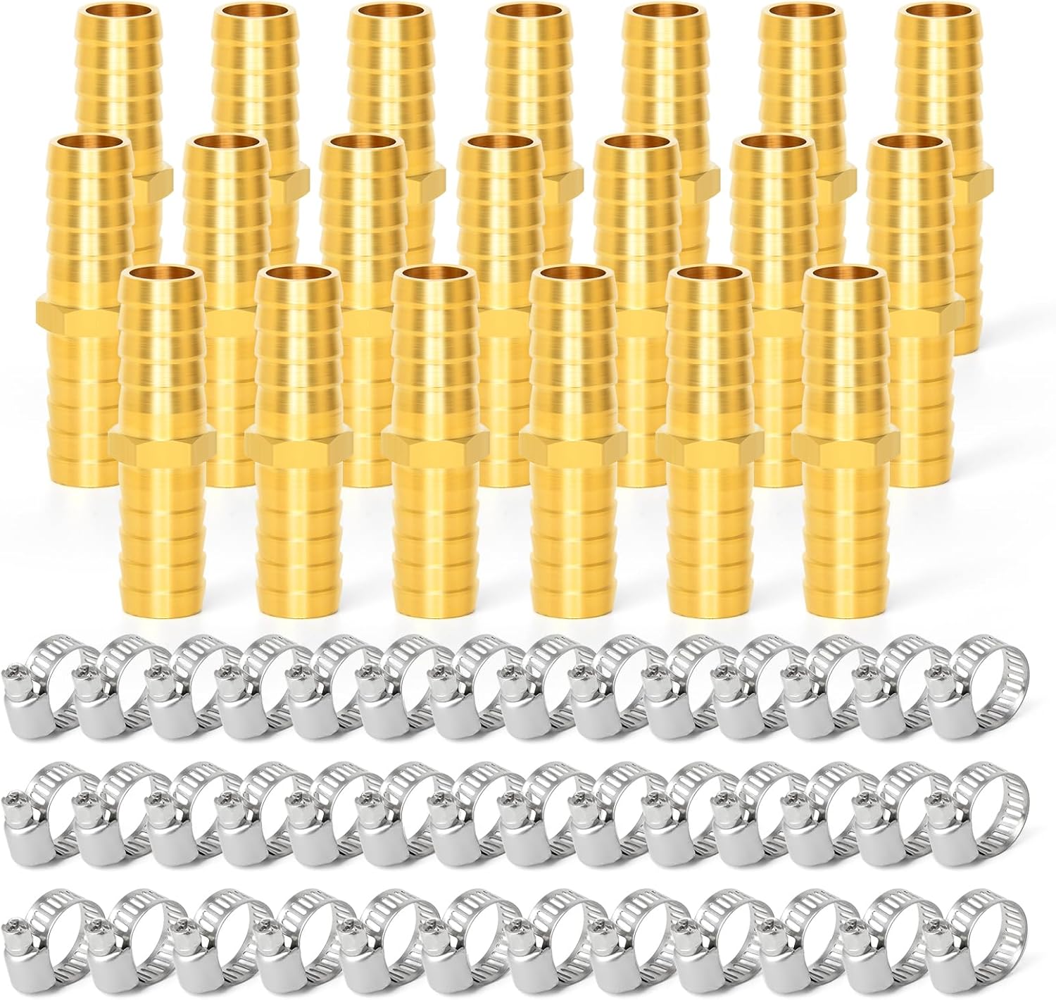 GASHER 20 Pieces Brass Hose Barb Reducer, 1/2 Inch to 1/2 Inch(12.7mm) Hose ID with 40 Hose Clamp, Brass Barb Reducer SPLICER Fitting Fuel/AIR/Water/Oil/Gas/WOG