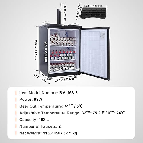 Miniatura 7 de VEVOR Kegerator de cerveza, dispensador de cerveza de barril de doble grifo, refrigerador de barril de tamaño completo con estantes, cilindro de