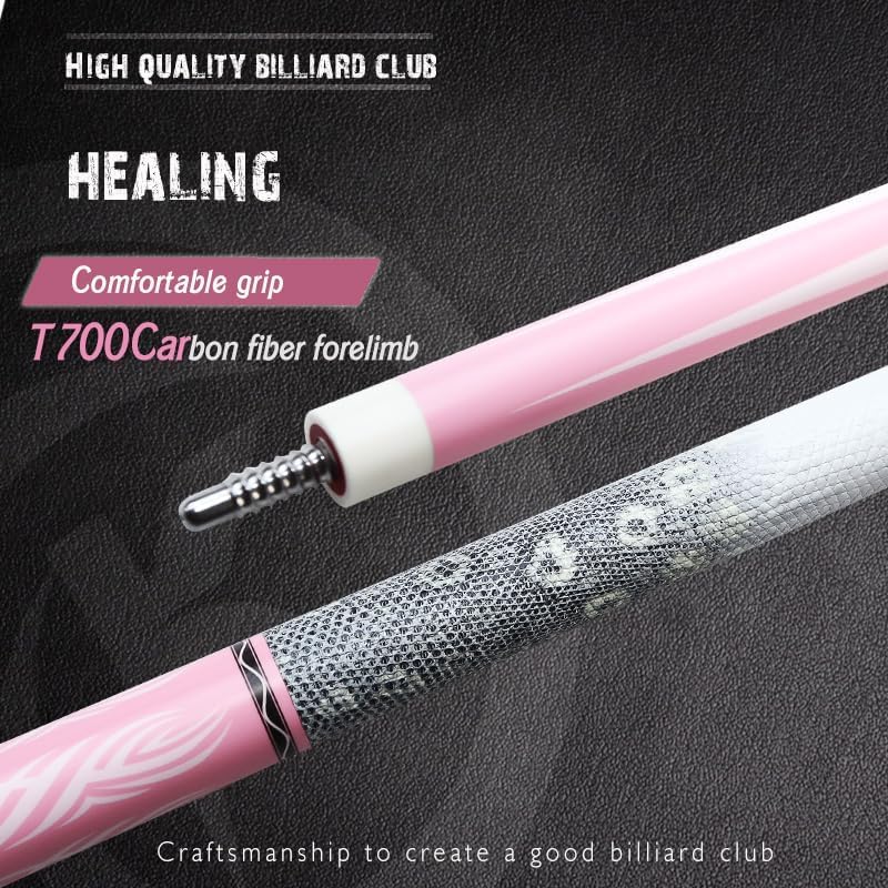 Miniatura 8 de Elegante taco de piscina profesional rosa para mujer, eje de fibra de carbono y agarre de cuero, punta de baja desviación de 0.488 in