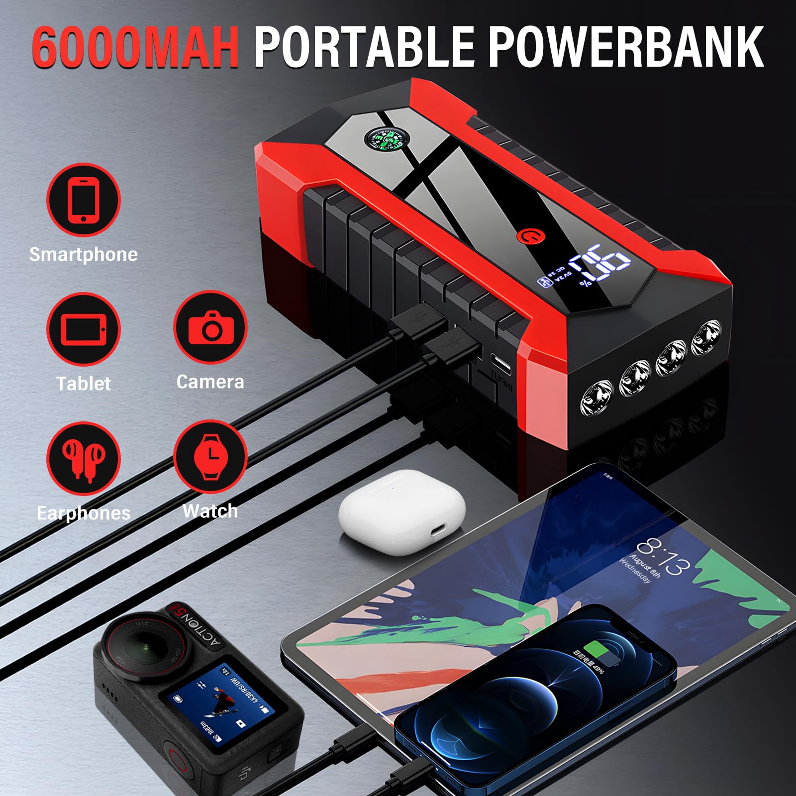 Anluomania Booster akumulator samochodowy 600 A, rozrusznik skokowy 12 V (do 3,0 l benzyny), rozrusznik samochodowy 6000 mAh, rozrusznik do akumulatora samochodowego z inteligentnymi zaciskami