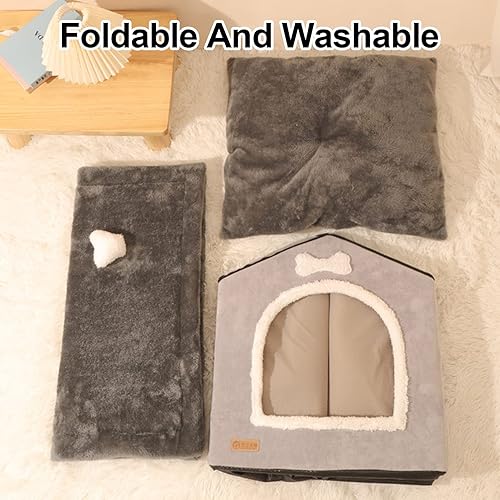 Miniatura 7 de Cama plegable para perrera, cama nido cerrado de felpa cálida con cojín extraíble, mayor sentido de seguridad, condominios cubiertos para mascotas