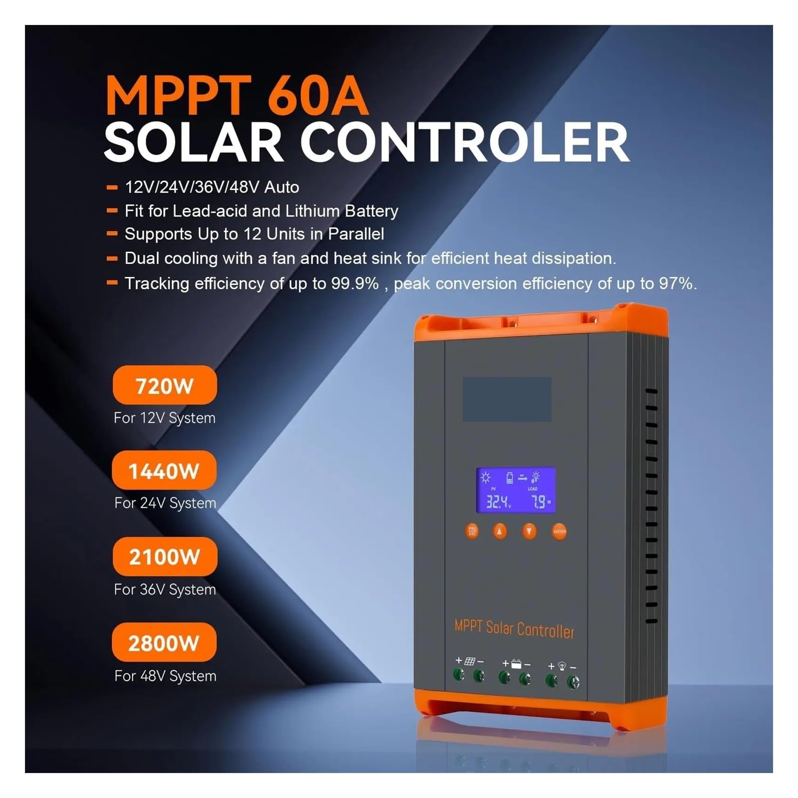 Kontroler ładowania słonecznego, 60A Regulator Ładowania Słonecznego MPPT Może Być Równoległy 12PC Ładowanie 12V 24V 36V 48V Bateria LifePo4 Maks. 160VDC Panel Słoneczny(MPPT 60A-Hot)