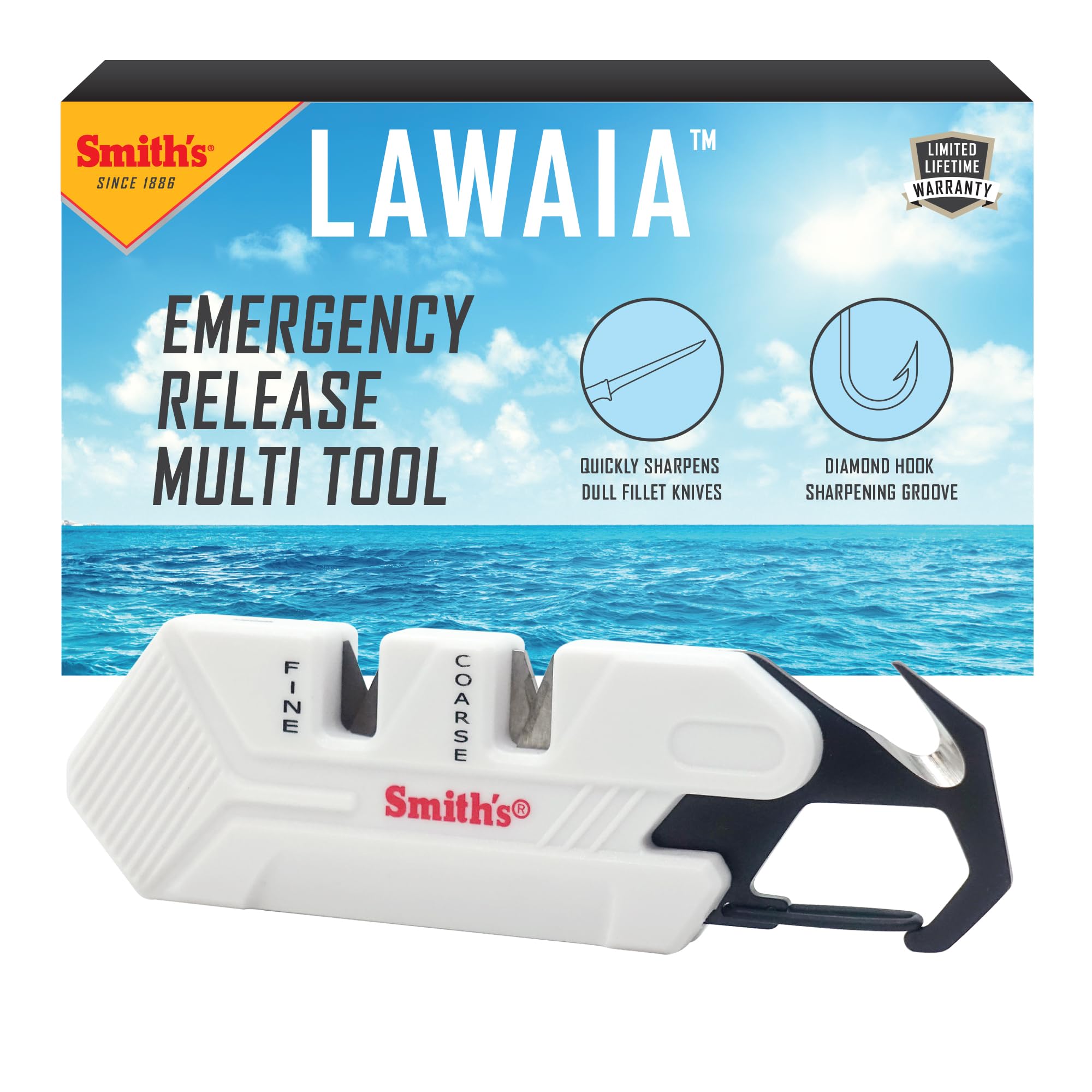 Smith’s 51529 Lawaia Release Tool Knife Sharpener - Preset Carbide & Ceramic Stone - Big Game Diamond Coated Hook Groove - Fillet Knife Sharpener - Emergency Release Tool - Ergonomic Grip Multitool