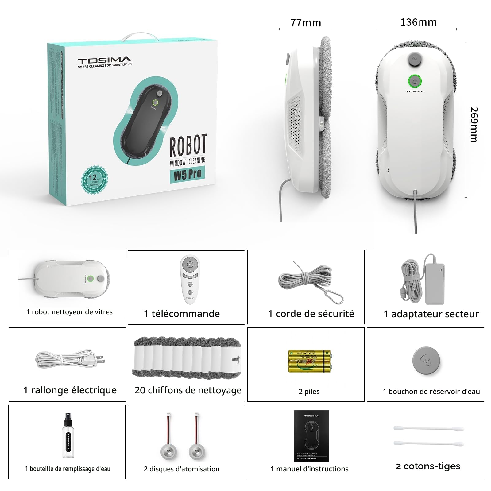 Tosima W5 Pro 6400 Pa Robot Laveur de Vitre, Double Pulvérisation d'eau Ultrasonique, Nettoyeur de Vitre Automatique, Télécommande, 20 Chiffons en Microfibre (Blanc Pur)