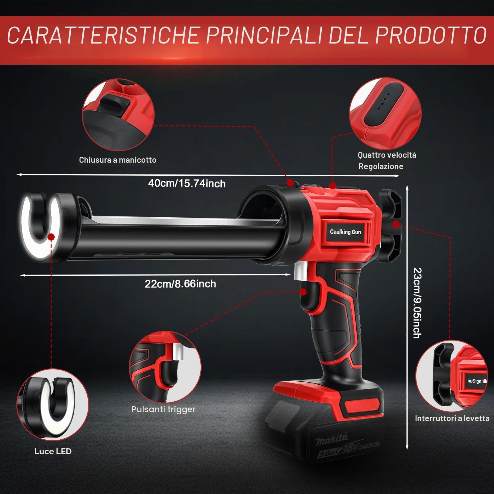Pressa per cartucce a batteria, compatibile con batteria Makita da 18 V, pistola elettrica con 4 velocità e luce LED, 10 oz/300 ml, pistola in silicone per sigillatura, spatole (senza batteria)