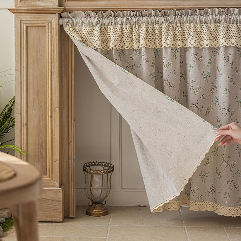 Tenda Cucina Rustica Beige - Mezza Tenda In Cotone E Lino Floreale Per Finestre Piccole - Foto 2