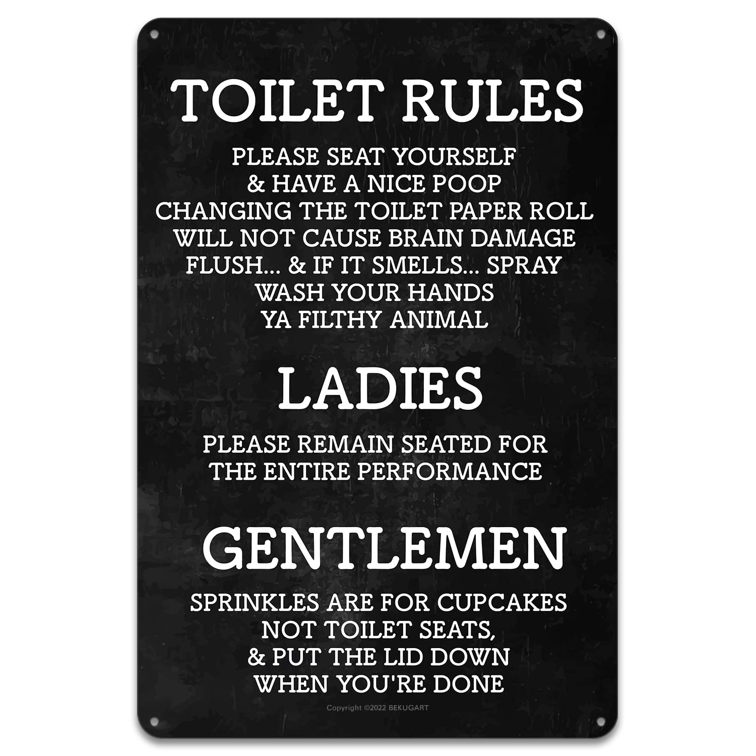 peiyeety Metal Tin Sign Toilet Rules Funny Quote Vintage Metal Wall Art Plaque for Home Bathroom Living Room Bedroom Farmhouse Patio Rustic Wall Decor 8x12 Inch