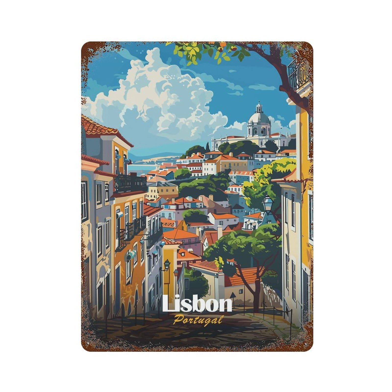Lisbon, Portugal Cityscape Illustration Rust Effect Tin Sign 15.7"x11.8", for Bistro, Counter And Cafe Decor, Decorative Metal Wall Art
