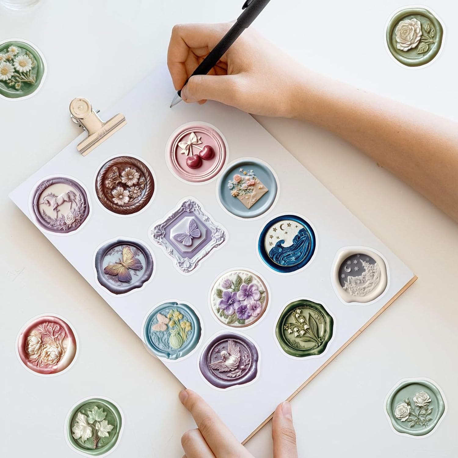 52PCS Vintage Wax Seal Stickers Embossed Transparent Scrapbook Stickers, Colorful Floral Botanical Seal Stickers for Junk Journal, Planner, Envelope, Card Making, DIY Craft Decoration