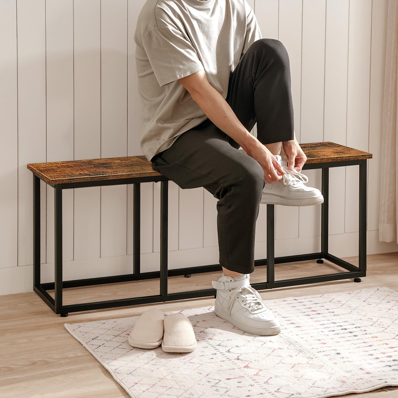 HOOBRO Banc de Cuisine Long de 120 cm, Banc à Chaussures Industriel, Bout de lit, Chaise Longue pour Salle à Manger, entrée, Chambre, Marron Rustique et Noir EBF45CD01
