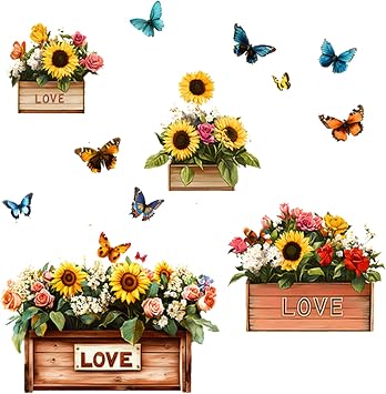 Potted Sunflowers Wall Stickers, Sunflower Decals Floral Art Wall Decals Removable Vinyl Sticker Peel and Stick Wallpaper for Bedroom Living Room Bathroom Furniture Closet Home Decor