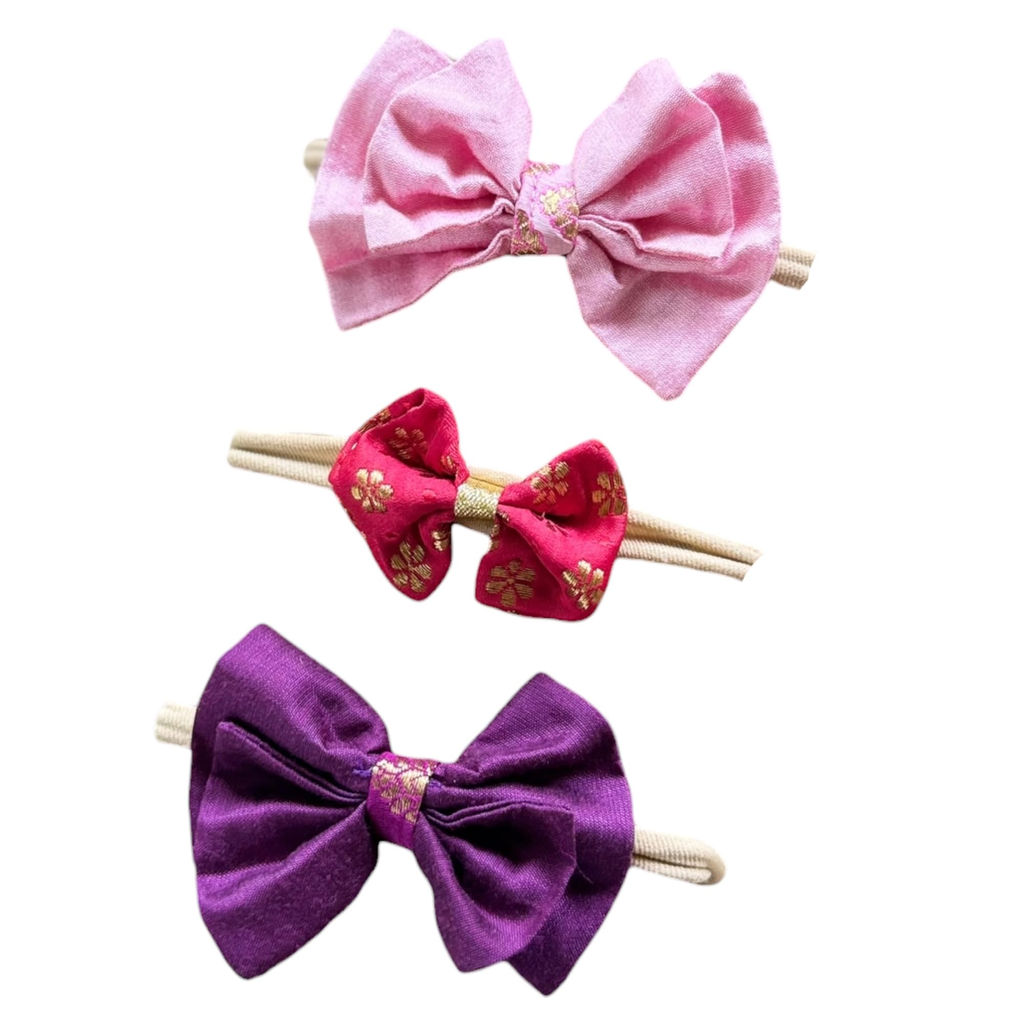 Picksparrow Baby Girl Silk and Cotton Bow Headband, Soft Stretchy Nylon Band, Gold Brocade Accents, Set of 3 (Pink-Red-Purple)-image-42