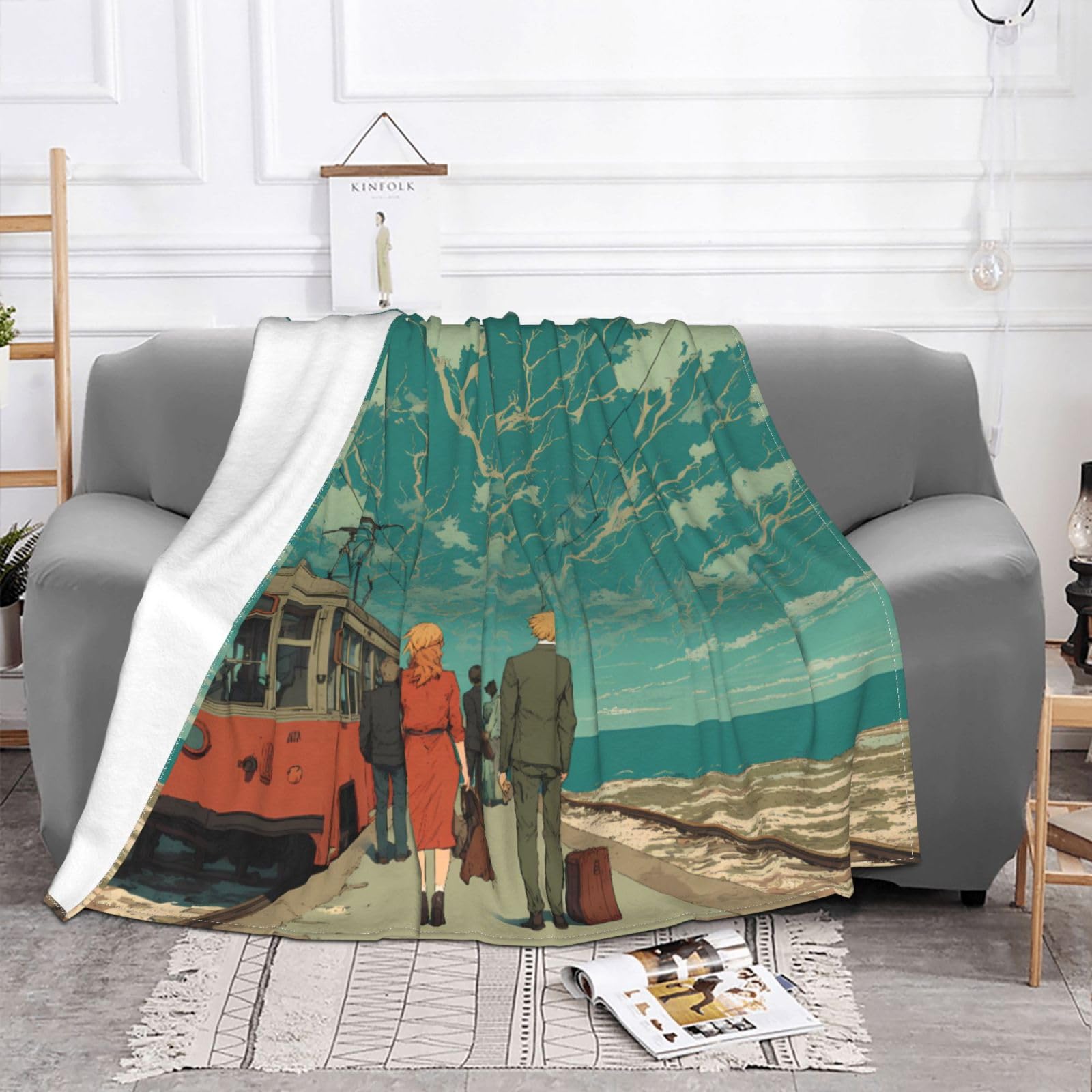 Manta de viaje portátil de 80 x 60 pulgadas, suave, resistente a las arrugas, plegable, exquisita impresión de teleférico junto al mar