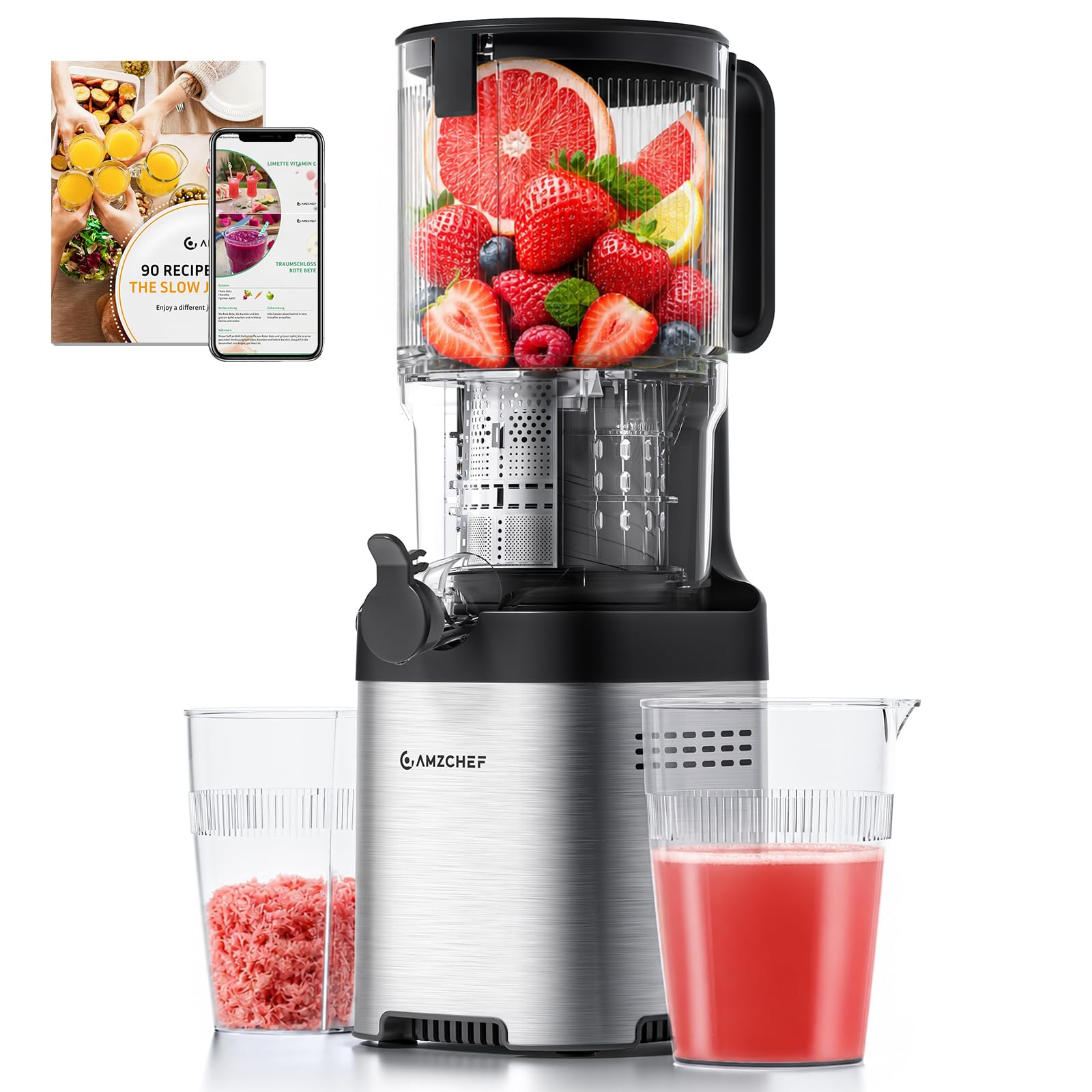 AMZCHEF Entsafter - Slow Juicer mit 135 mm großem Einfüllschacht für ganzes Obst und Gemüse - Leicht zu Reinigen mit 2 Gläsern - Silber