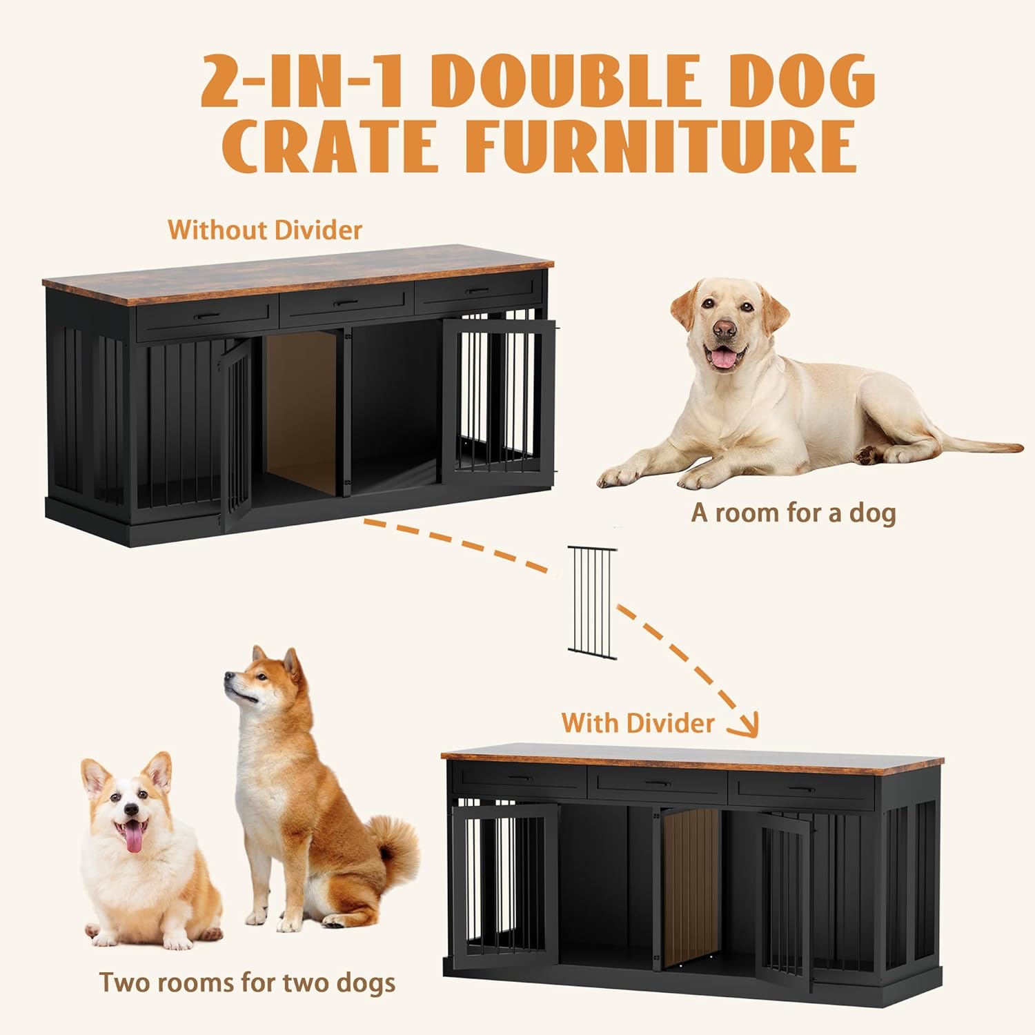 70.9 inches Dog Crate Furniture for 2 Dogs Double Dog Crate Wooden Heavy Duty Dog Kennel Furniture TV Stand with 3 Drawers for Large Medium Dogs Black