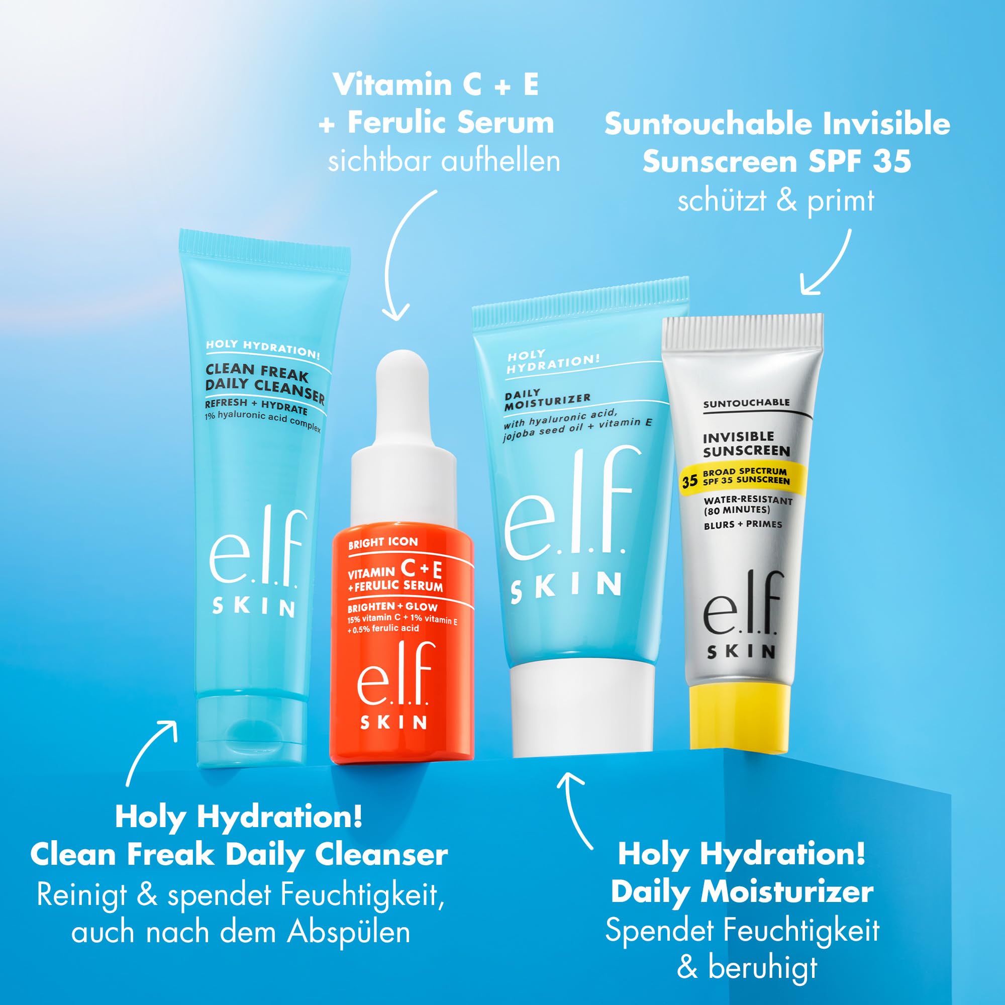e.l.f. SKIN Wake the e.l.f. Up Skincare Kit, Feuchtigkeitsspendender Gesichtsreiniger in Reisegröße, Sonnenschutz, Feuchtigkeitscreme und aufhellendes Serum, Vegan und tierversuchsfrei