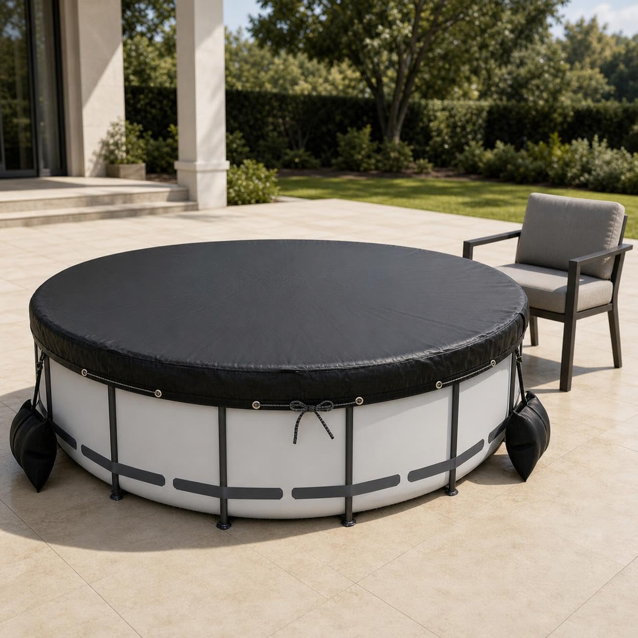 Copertura per Piscina Rotonda Fuori Terra in Tessuto Oxford Impermeabile, Protezione per Tutte le Stagioni, Nero, Nero, 12FT 366 * 20cm
