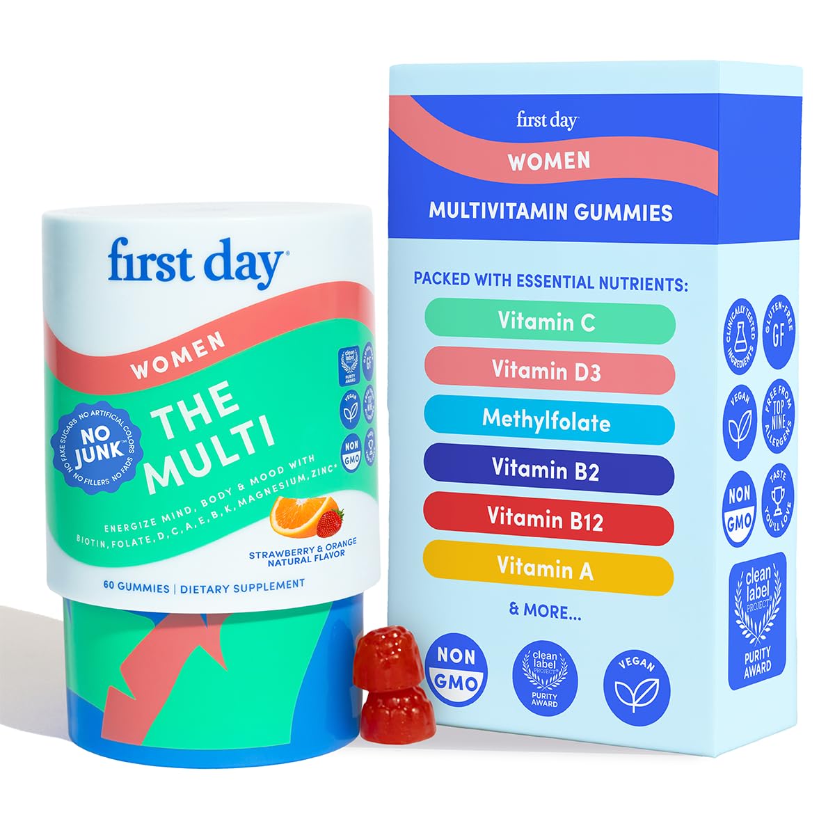 FIRST DAY Multivitamin for Women - Daily Womens Multivitamin Gummies - Vitamin A C D E B12, Magnesium, Zinc, Biotin – Vegan, Gluten Free Womens Vitamins - Hair Growth, Skin, Energy – 30 Day SupplyFIRST DAY Multivitamin for Women - Daily Womens…