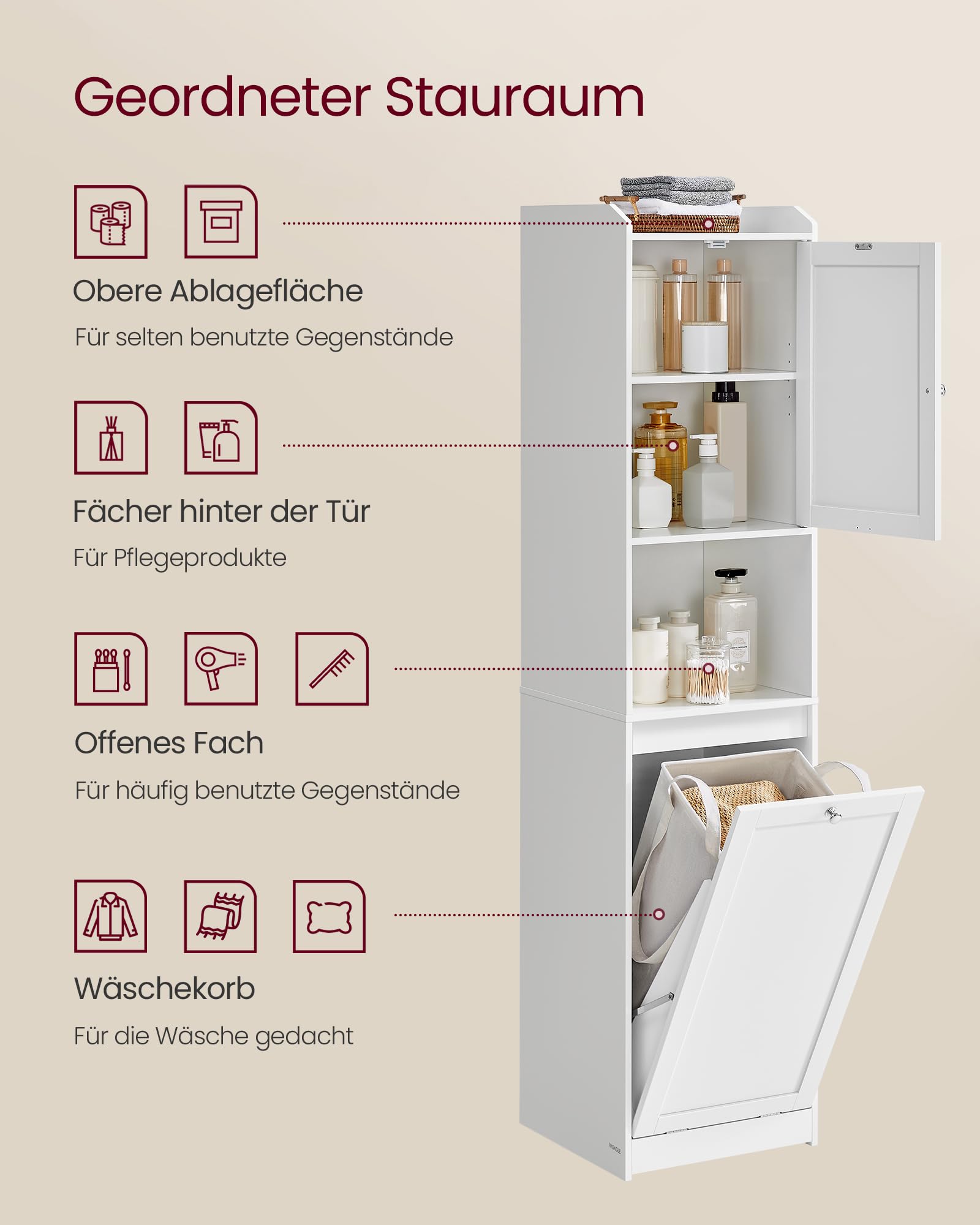 VASAGLE Badezimmerschrank mit Wäschekorb, hoher Badschrank, herausnehmbarer Wäschesack mit Griffen, mit Tür, verstellbare Ablage, 40 x 40 x 170 cm, wolkenweiß BBC761W01