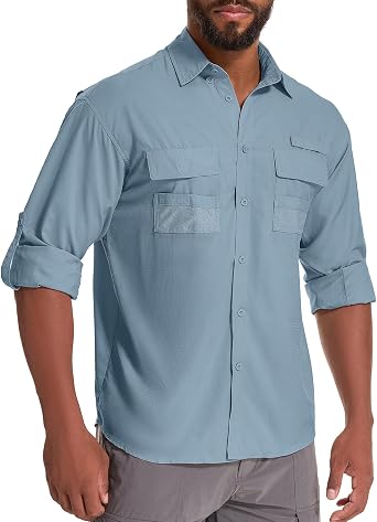 Mens Sun Protection Fishing Shirts Long Sleeve Safari Shirts UPF 50 UV Quick Dry Cooling Travel Work Shirts